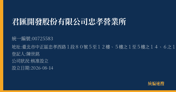 君匯開發股份有限公司忠孝營業所的照片-統編 00725583(臺北市) 公司登記資料與營業項目詳細圖表