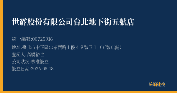 世霹股份有限公司台北地下街五號店的照片-統編 00725916(臺北市) 公司登記資料與營業項目詳細圖表
