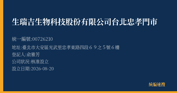 生瑞吉生物科技股份有限公司台北忠孝門市的照片-統編 00726210(臺北市) 公司登記資料與營業項目詳細圖表