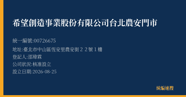 希望創造事業股份有限公司台北農安門市的照片-統編 00726675(臺北市) 公司登記資料與營業項目詳細圖表