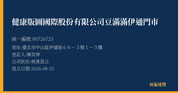 健康版圖國際股份有限公司豆滿滿伊通門市的照片-統編 00726725(臺北市) 公司登記資料與營業項目詳細圖表
