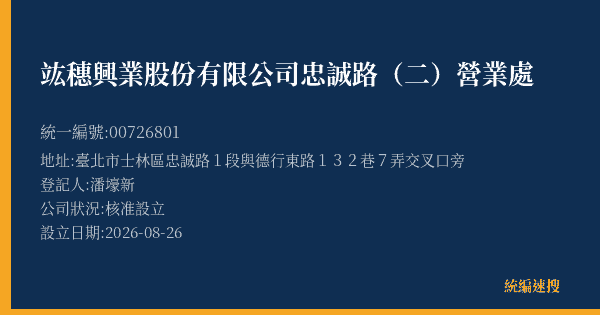 竑穗興業股份有限公司忠誠路(二)營業處的照片-統編 00726801(臺北市) 公司登記資料與營業項目詳細圖表