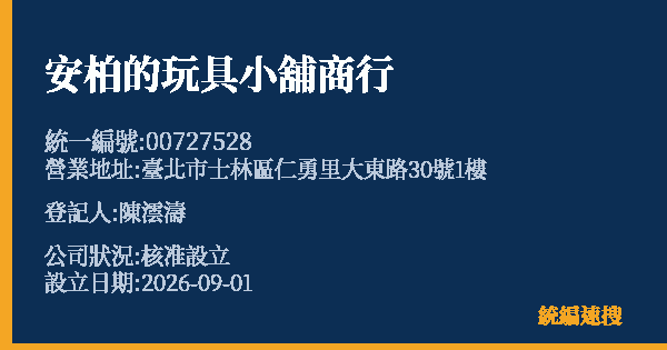 安柏的玩具小舖商行的照片-統編 00727528(臺北市) 公司登記資料與營業項目詳細圖表