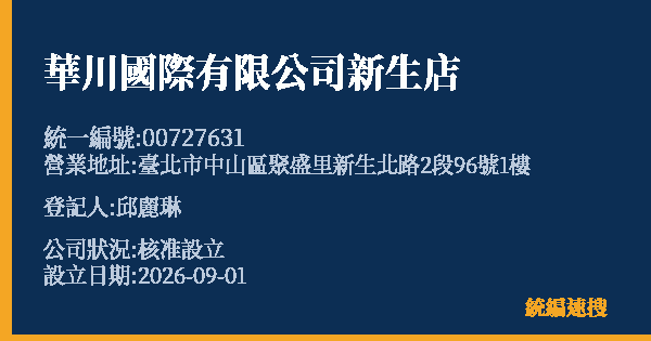 華川國際有限公司新生店的照片-統編 00727631(臺北市) 公司登記資料與營業項目詳細圖表