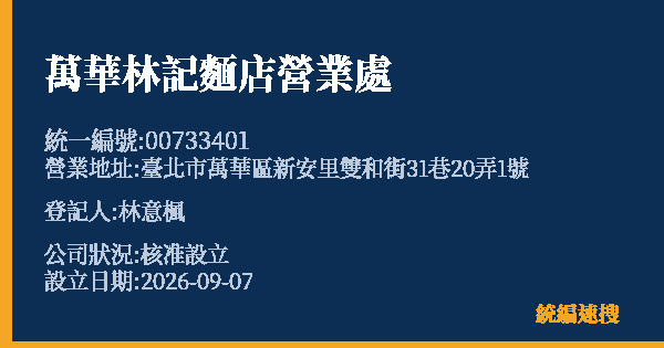 萬華林記麵店營業處的照片-統編 00733401 公司登記資料與營業項目詳細圖表