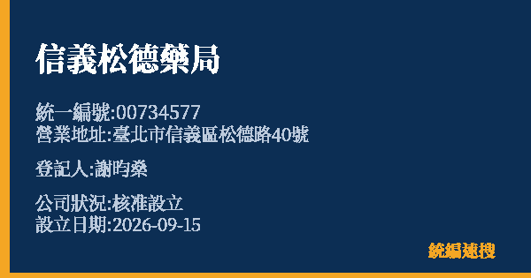 信義松德藥局的照片-統編 00734577(臺北市) 公司登記資料與營業項目詳細圖表