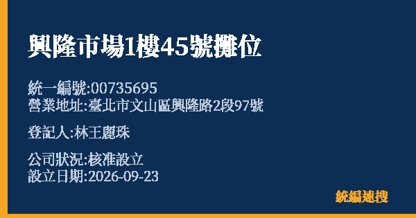 興隆市場1樓45號攤位的照片-統編 00735695(臺北市) 公司登記資料與營業項目詳細圖表