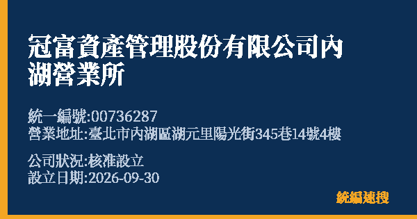 冠富資產管理股份有限公司內湖營業所的照片-統編 00736287(臺北市) 公司登記資料與營業項目詳細圖表