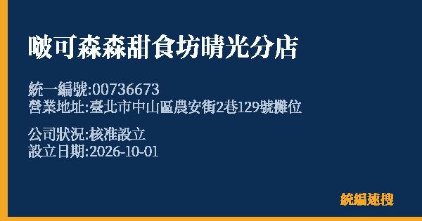 啵可森森甜食坊晴光分店的照片-統編 00736673(臺北市) 公司登記資料與營業項目詳細圖表