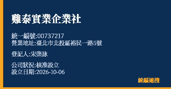 雞泰實業企業社的照片-統編 00737217(臺北市) 公司登記資料與營業項目詳細圖表