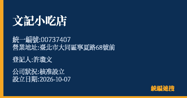 文記小吃店的照片-統編 00737407(臺北市) 公司登記資料與營業項目詳細圖表