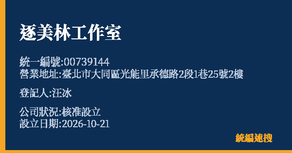 逐美林工作室的照片-統編 00739144(臺北市) 公司登記資料與營業項目詳細圖表
