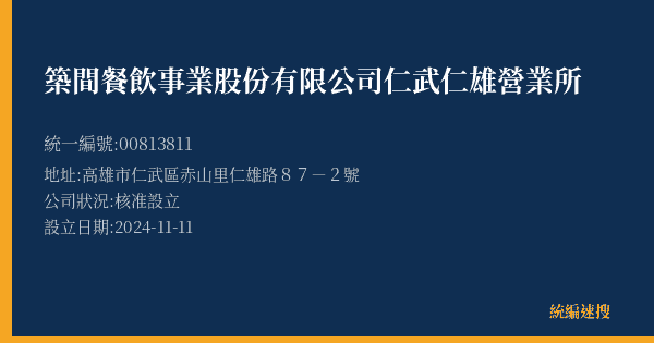 築間餐飲事業股份有限公司仁武仁雄營業所的照片-統編 00813811(高雄市) 公司登記資料與營業項目詳細圖表
