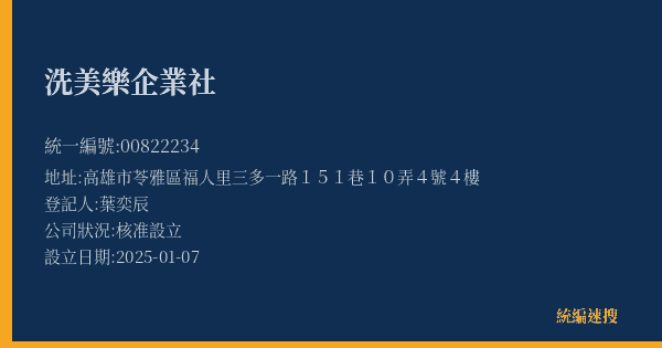 洗美樂企業社的照片-統編 00822234(高雄市) 公司登記資料與營業項目詳細圖表