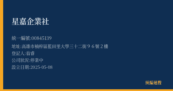 星嘉企業社的照片-統編 00845139(高雄市) 公司登記資料與營業項目詳細圖表