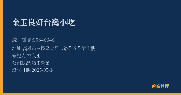 金玉良妍台灣小吃的照片-統編 00846046(高雄市) 公司登記資料與營業項目詳細圖表