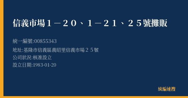 信義市場1-20、1-21、25號攤販的照片-統編 00855343(基隆市) 公司登記資料與營業項目詳細圖表
