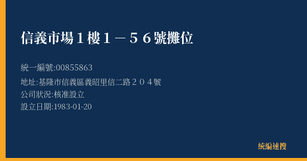 信義市場1樓1-56號攤位的照片-統編 00855863(基隆市) 公司登記資料與營業項目詳細圖表