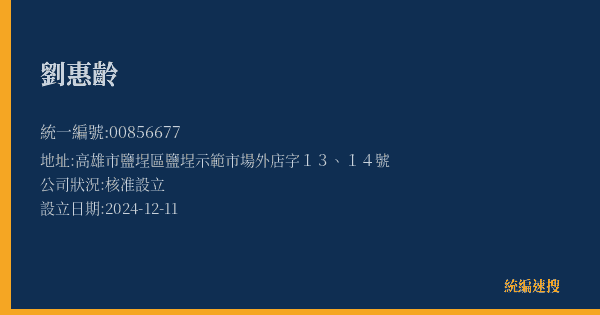 劉惠齡的照片-統編 00856677(高雄市) 公司登記資料與營業項目詳細圖表
