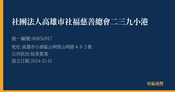 社團法人高雄市社福慈善總會二三九小港的照片-統編 00856917(高雄市) 公司登記資料與營業項目詳細圖表