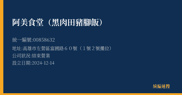 阿美食堂(黑肉田豬腳飯)的照片-統編 00858632(高雄市) 公司登記資料與營業項目詳細圖表