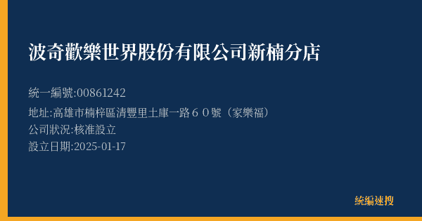 波奇歡樂世界股份有限公司新楠分店的照片-統編 00861242(高雄市) 公司登記資料與營業項目詳細圖表