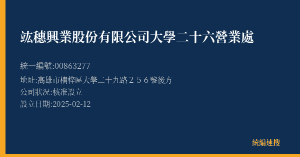 竑穗興業股份有限公司大學二十六營業處的照片-統編 00863277(高雄市) 公司登記資料與營業項目詳細圖表