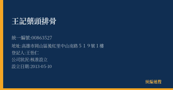 王記藥頭排骨的照片-統編 00863527(高雄市) 公司登記資料與營業項目詳細圖表