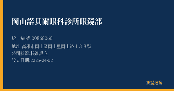 岡山諾貝爾眼科診所眼鏡部的照片-統編 00868060(高雄市) 公司登記資料與營業項目詳細圖表