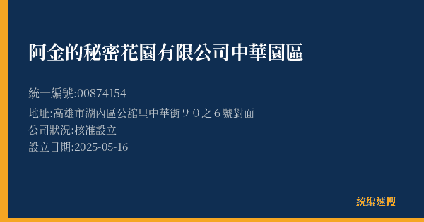 阿金的秘密花園有限公司中華園區的照片-統編 00874154(高雄市) 公司登記資料與營業項目詳細圖表