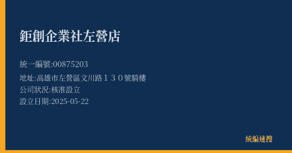 鉅創企業社左營店的照片-統編 00875203(高雄市) 公司登記資料與營業項目詳細圖表