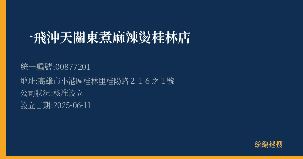 一飛沖天關東煮麻辣燙桂林店的照片-統編 00877201(高雄市) 公司登記資料與營業項目詳細圖表