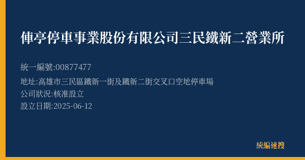 俥亭停車事業股份有限公司三民鐵新二營業所的照片-統編 00877477(高雄市) 公司登記資料與營業項目詳細圖表