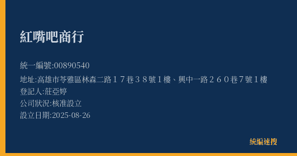 紅嘴吧商行的照片-統編 00890540(高雄市) 公司登記資料與營業項目詳細圖表