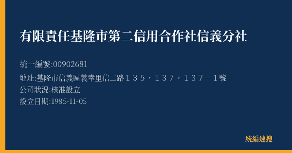有限責任基隆市第二信用合作社信義分社的照片-統編 00902681(基隆市) 公司登記資料與營業項目詳細圖表