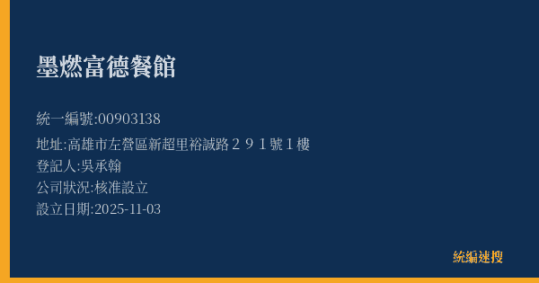 墨燃富德餐館的照片-統編 00903138(高雄市) 公司登記資料與營業項目詳細圖表