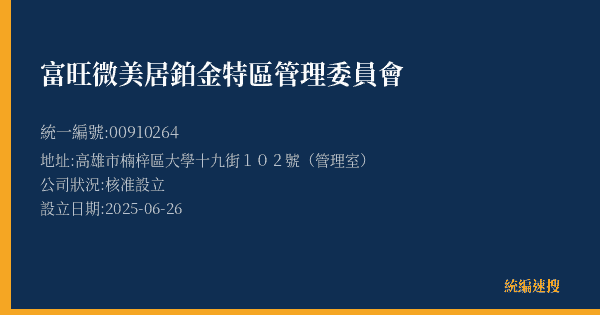 富旺微美居鉑金特區管理委員會的照片-統編 00910264 公司登記資料與營業項目詳細圖表