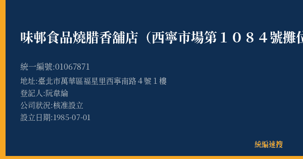味邨食品燒腊香舖店(西寧市場第1084號攤位)的照片-統編 01067871(臺北市) 公司登記資料與營業項目詳細圖表