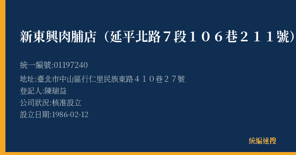 新東興肉脯店(延平北路7段106巷211號)的照片-統編 01197240(臺北市) 公司登記資料與營業項目詳細圖表