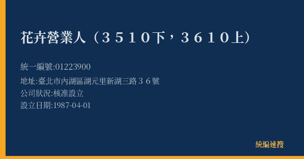 花卉營業人(3510下,3610上)的照片-統編 01223900(臺北市) 公司登記資料與營業項目詳細圖表