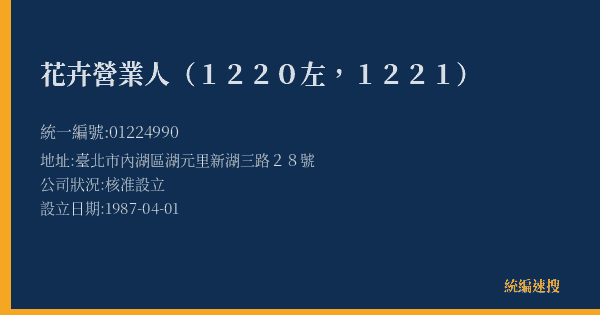 花卉營業人(1220左,1221)的照片-統編 01224990(臺北市) 公司登記資料與營業項目詳細圖表
