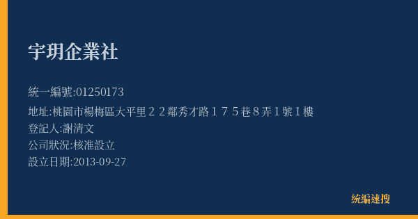 宇玥企業社的照片-統編 01250173(桃園市) 公司登記資料與營業項目詳細圖表