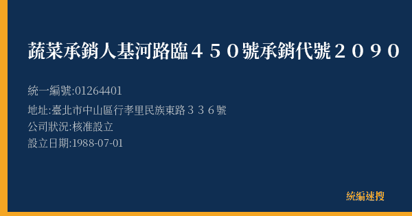 蔬菜承銷人基河路臨450號承銷代號2090的照片-統編 01264401(臺北市) 公司登記資料與營業項目詳細圖表