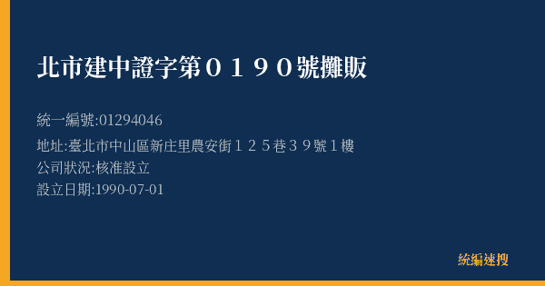 北市建中證字第0190號攤販的照片-統編 01294046(臺北市) 公司登記資料與營業項目詳細圖表
