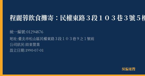 程麗蓉飲食攤寄:民權東路3段103巷3號5樓之一的照片-統編 01294876(臺北市) 公司登記資料與營業項目詳細圖表