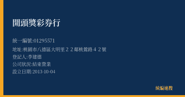 開頭獎彩券行的照片-統編 01295571(桃園市) 公司登記資料與營業項目詳細圖表