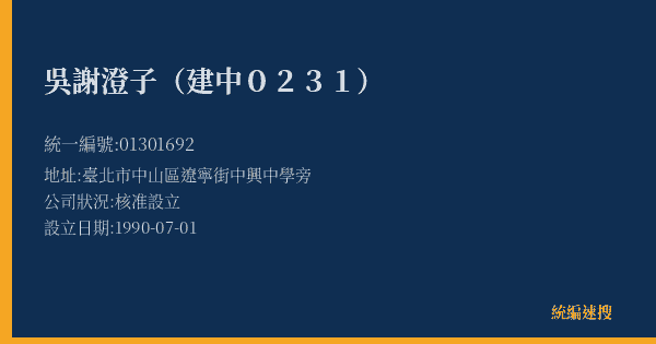 吳謝澄子(建中0231)的照片-統編 01301692(臺北市) 公司登記資料與營業項目詳細圖表
