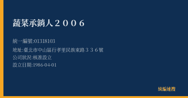 蔬菜承銷人2006的照片-統編 01318103(臺北市) 公司登記資料與營業項目詳細圖表