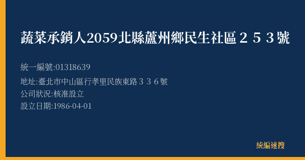 蔬菜承銷人2059北縣蘆州鄉民生社區253號的照片-統編 01318639(臺北市) 公司登記資料與營業項目詳細圖表