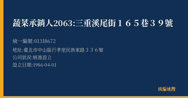 蔬菜承銷人2063:三重溪尾街165巷39號的照片-統編 01318672(臺北市) 公司登記資料與營業項目詳細圖表